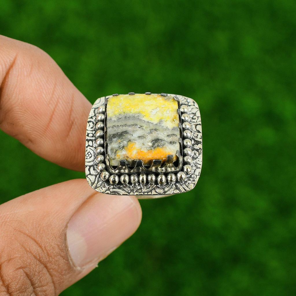 925 Sterling Silver Natural Bumble Bee Jasper Boho Stackable Statement Ring US 7