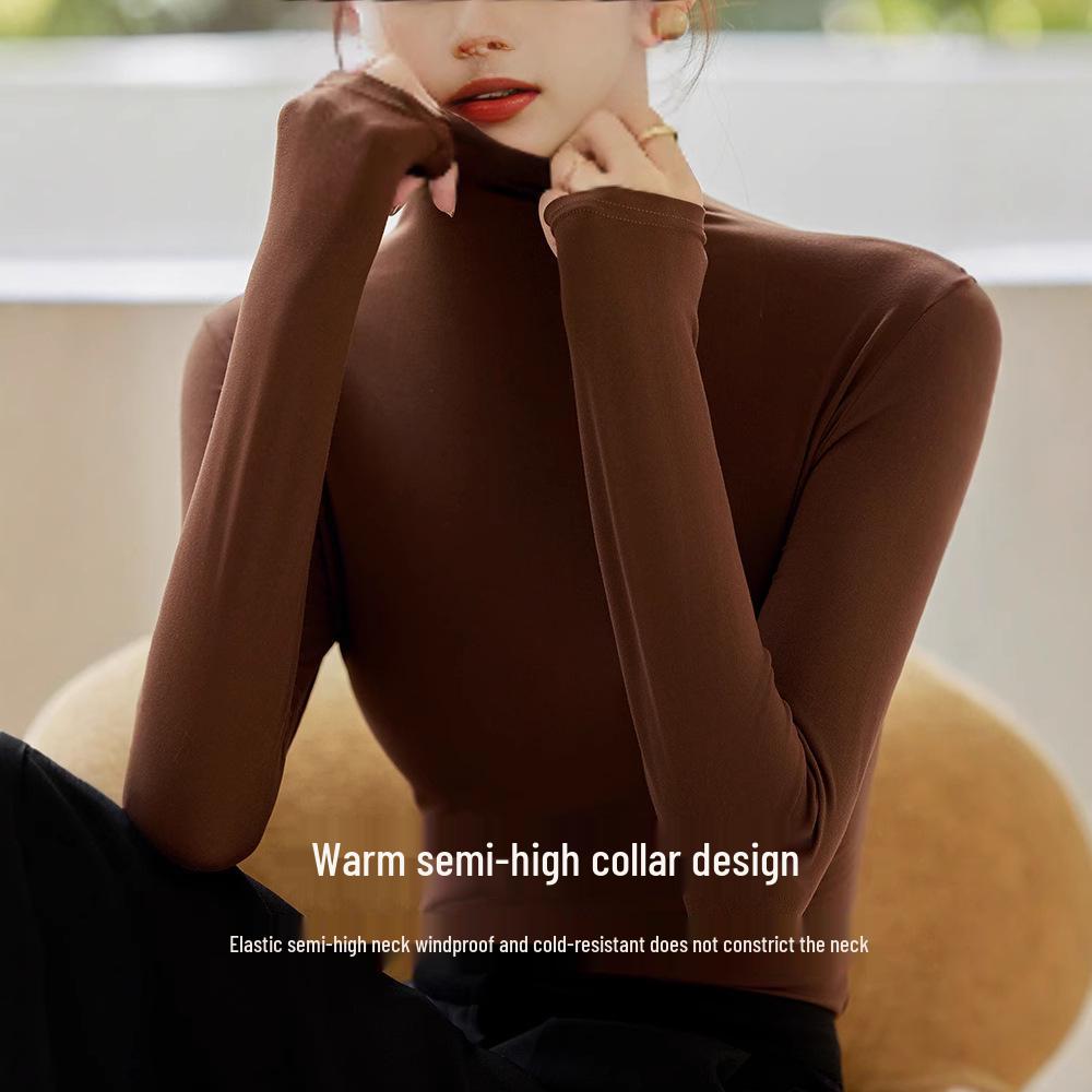 Women's Black Mid-Neck Modal Base Layer Top - 2024 Long Sleeve Slim Fit for All Seasons