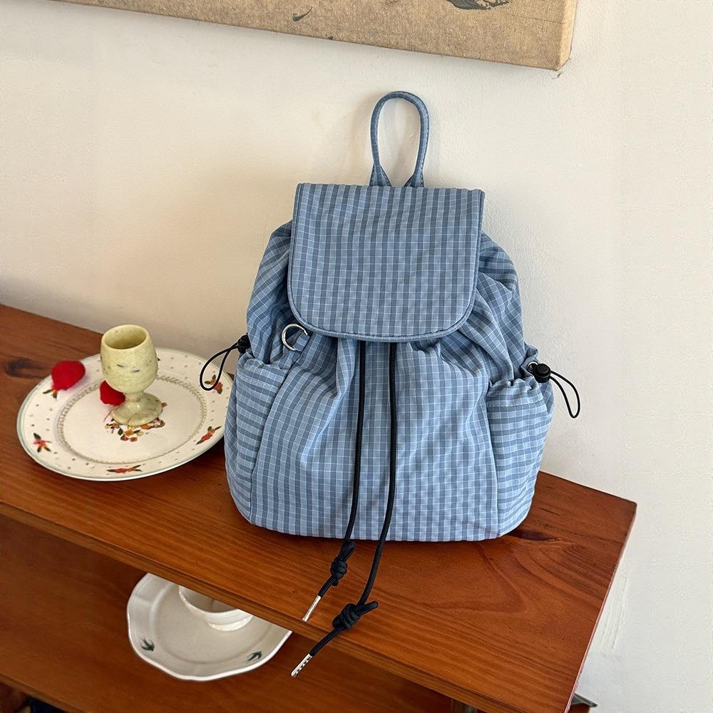 Solid Color Plaid Nylon Backpacks Canvas Student Schoolbag Stylish Drawstring Backpacks  Travel синий
