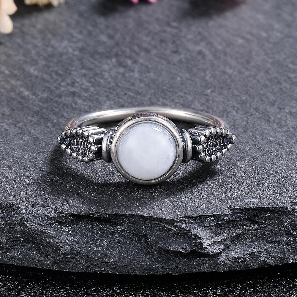 Silver Ring  6.5mm Moonstone Retro Silver Ring Boutique  Women Valentine's Day Birthday Anniversary Gift