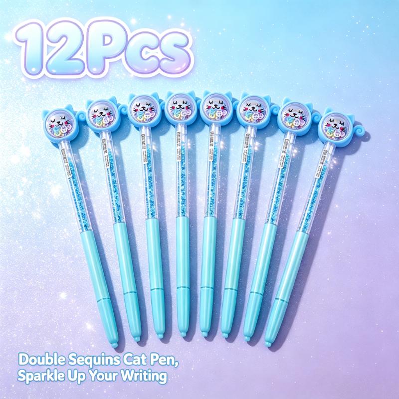12 Pcs Cute Blue-Barrel Cat Quicksand Ballpoint Pen, Double Sequins Sparkly Writing Pen, Student Daily Writing, Stationery Gifts Office Supplies