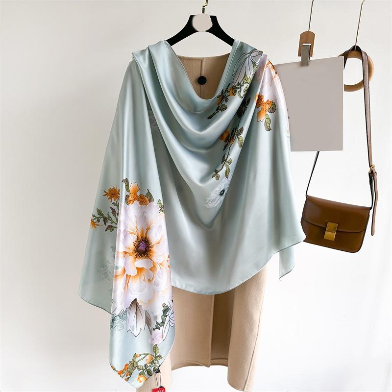 Long large size silk scarf women's scarf autumn and winter new thin shawl decoration sun protection peony floral temperament silk scarf