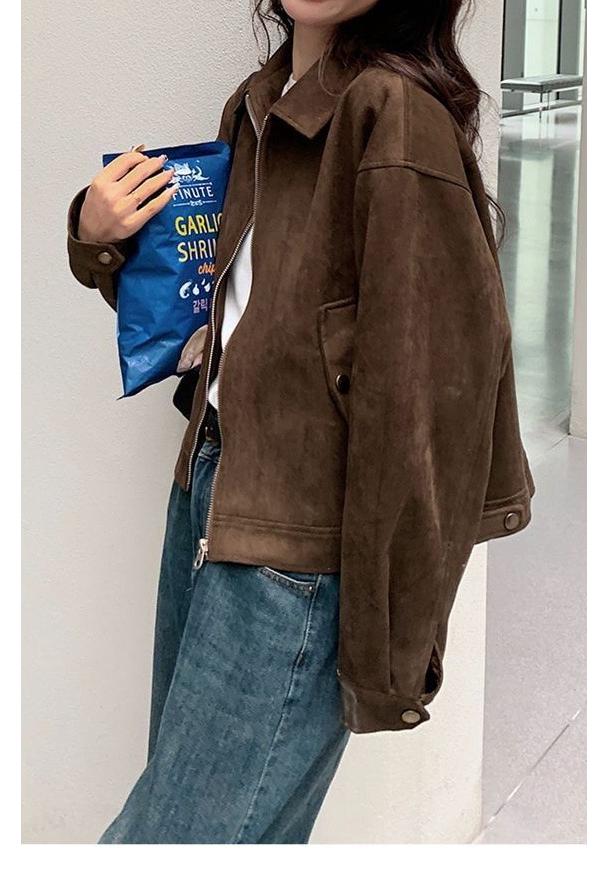 Petite veste de moto en daim style américain pour femme - Marron rétro, Courte, Printemps et Automne