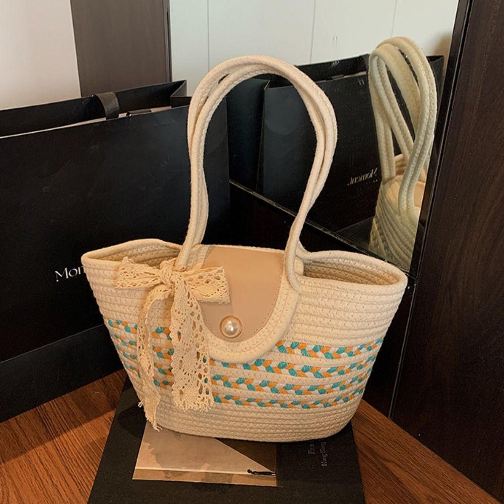 With Ribbon Stripe Tote Handbag Korean Style Summer Beach Bag Simple Woven Tote Bag  Vacation