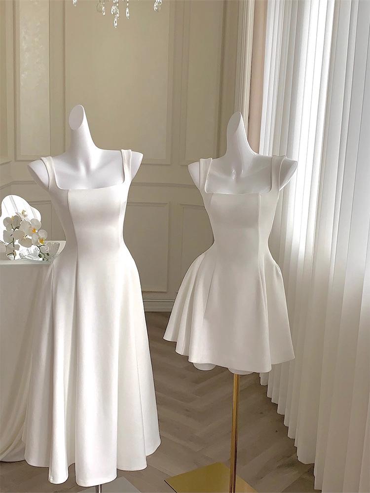 Elegant French Style Acetate Crinkled Strappy Long Dress for Mature Women