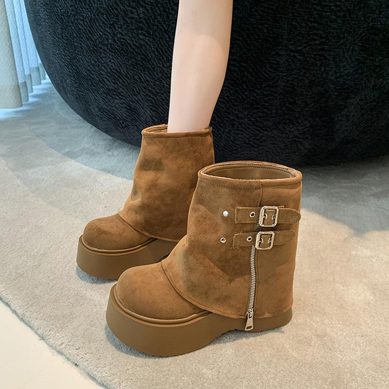 [Fanfna] Muffin thick-soled big-headed pants boots for women's 2025 autumn new heightening fried street western short boots