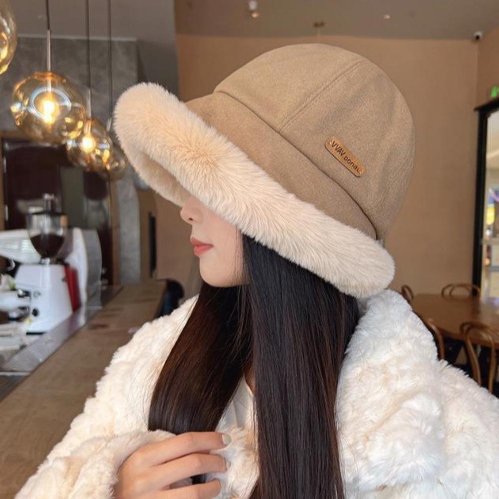 Warm Plus Velvet Panama Hat Windproof Winter Fisherman Hat Vintage Fluffy Fur Bucket Hat  Lady