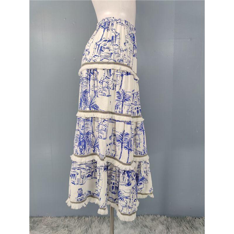 Foreign Trade Order AQ High Waist Exquisite Print A Word Temperament Slimming Versitile Fashion Lady Cotton and Linen Skirt Skirt