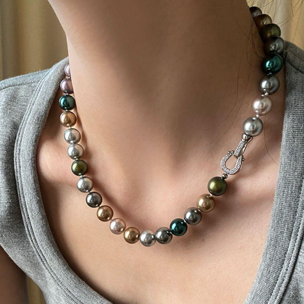 High-gloss Mixed-Color Pearl Necklace Metallic Sheen Pearl Neckchain  Banquet