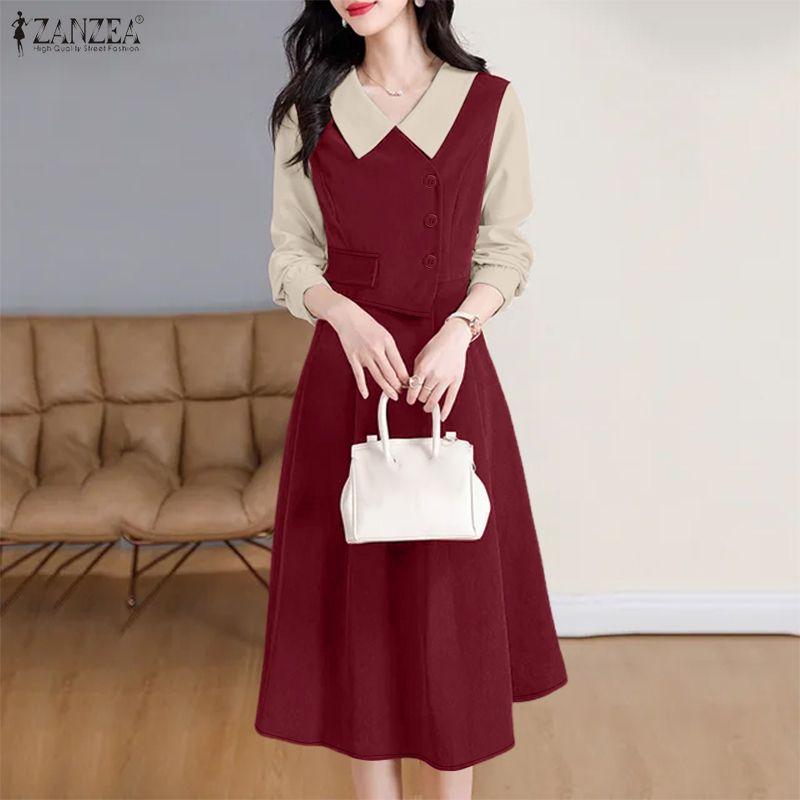 ZANZEA Women Casual Turn Down Collar Patchwork Long Sleeve Dress