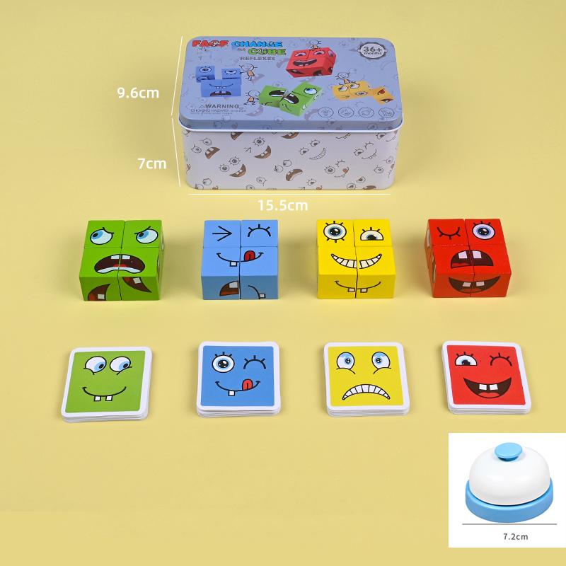 Large Learning Educational Toy Set Cards Emoticon Puzzle Face Change Cubes Wooden Toys Building Blocks Game For Children Kids