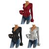 Women Tops Slim Fit V Neck Flared Long Sleeve Ruffle Detail Knitting Tops Solid Color Buttons Closure Winter Sweater