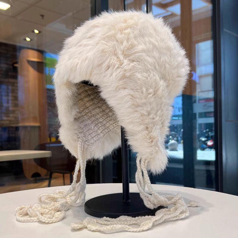 Rabbit-fur Knit Autumn Winter Cold-Weather Beanie with Fringe Earflaps New Style Thickened Woolen Hat for Warmth Woolen Beanie