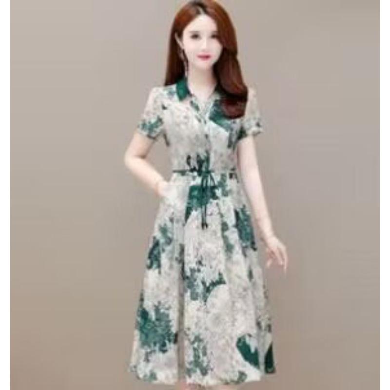 

JKASHDK Women s Fashion Summer Spring Colour Block Print Short Sleeve POLO Neck High Waist Casual Dresses XXXL зелёный