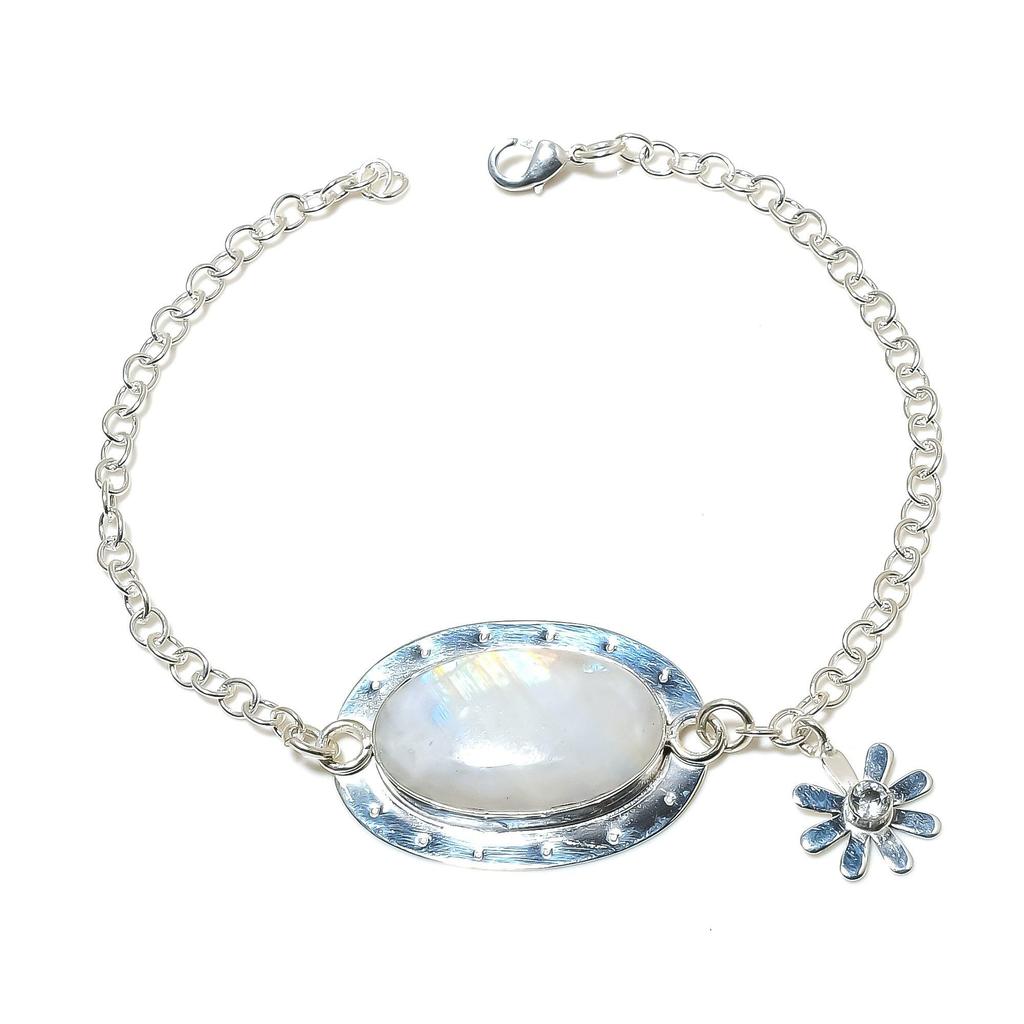 Natural Rainbow Moonstone Gemstone Handmade 925 Sterling Silver Bracelet, White Topaz Bracelet For Wife, Unisex Bracelet, Anniversary Gift