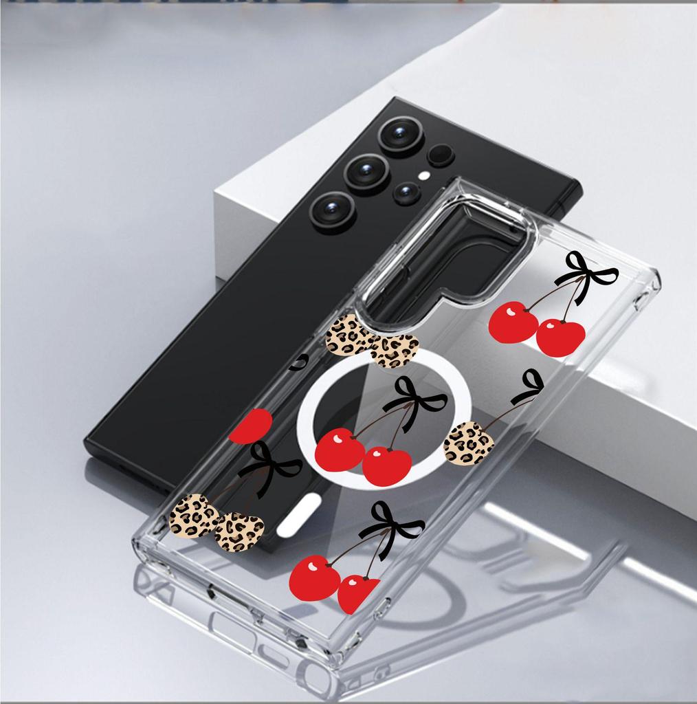 Bowknot Leopard Print Magnetic Peach Phone Case for iPhone 15/16/17 Pro Max - Full Coverage Transparent Design