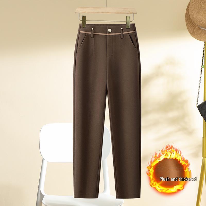 Dámské vlněné harémové kalhoty s vysokým pasem - Podzim Zima 2024, Silně podšité fleecem, Zeštíhlující, Kalhoty s rovnými nohavicemi.