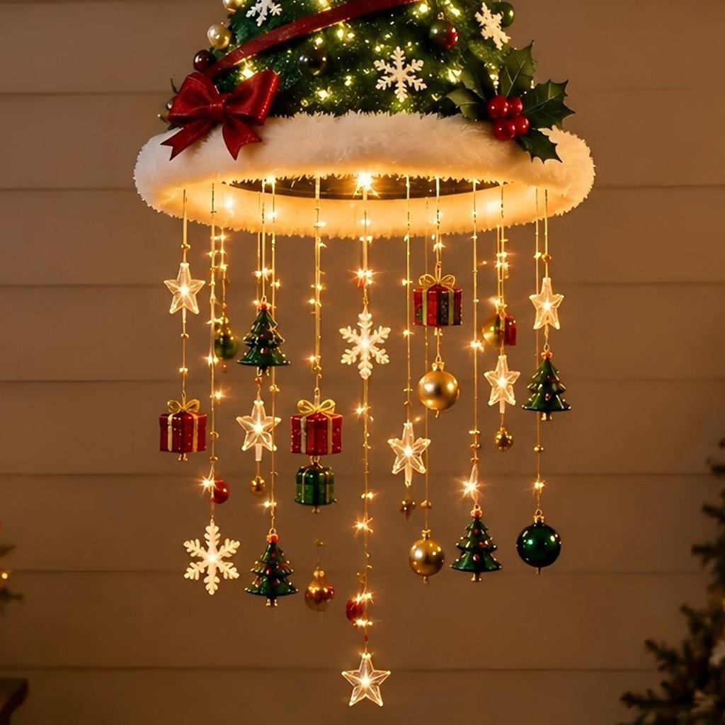 Upside Down Christmas Tree Hanging Ornament with LED Lights, Lighted Pendant Star Topper, Luminous Indoor Patio Ornaments Xmas Festive for And Outdoor