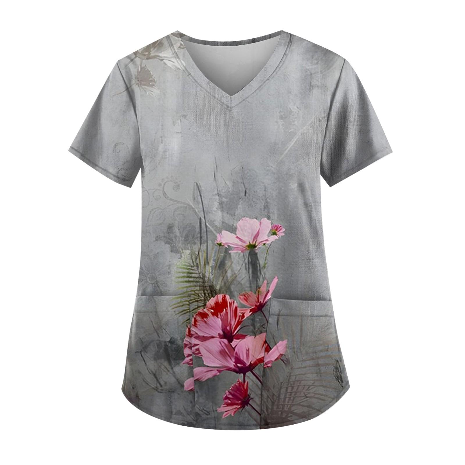 

Женский короткий рукав с V-образным вырезом, картина маслом, цветочный принт, карманный рабочий топ L серый
