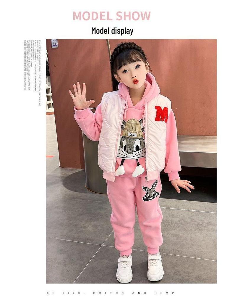 2025 Girls' Autumn/Winter Hoodie Set: Fleece-Lined Vest & Thickened Small Fragrance Style for Medium/Large Children