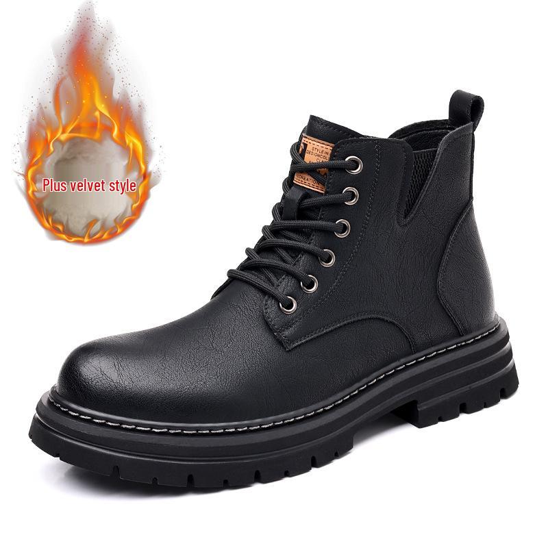 Men's British Style High-Top Yellow Martin Boots: Autumn/Winter Velvet Mid-Tops