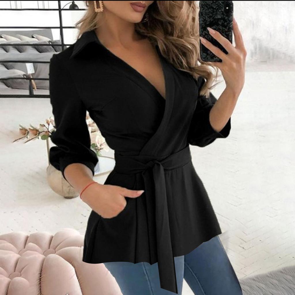 Danmo Vår Høst Elegant Dame Langermet V-hals Beltestropp Skjorte Pluss Størrelse