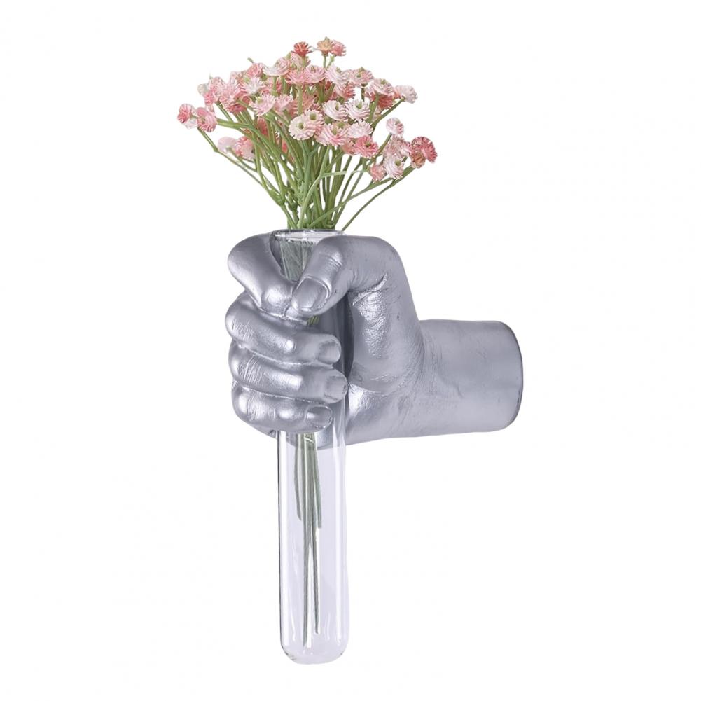 Настенная скульптура Рука Ваза Настенное искусство Скульптура Кулак Человека с Вазой-пробиркой Современное Искусство Статуэтка Ваза для Украшения Дома серебряный