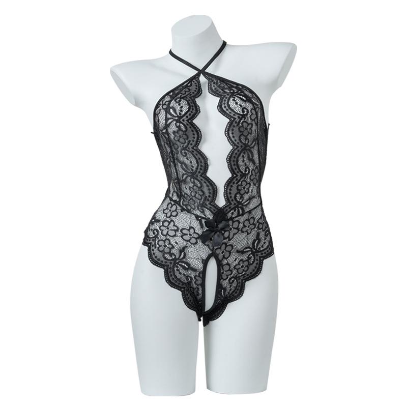 Women's Open Crotch See-Through Lace Bodysuit with Pearl Detail