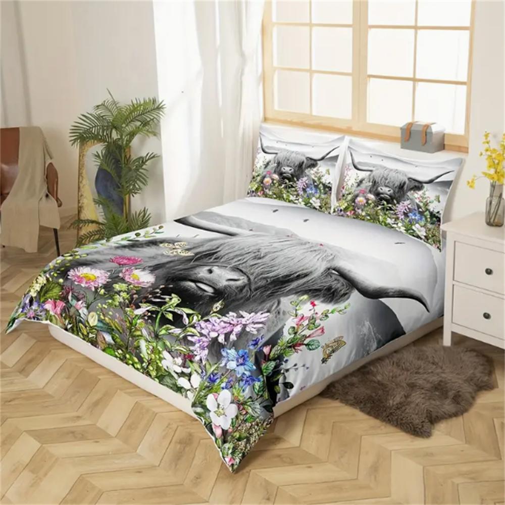 Highland Cow Duvet Cover, Watercolor Flowers Animals Plants Bedding Set 2/3pcs For Women Men Adults Room Decor, Fashionable