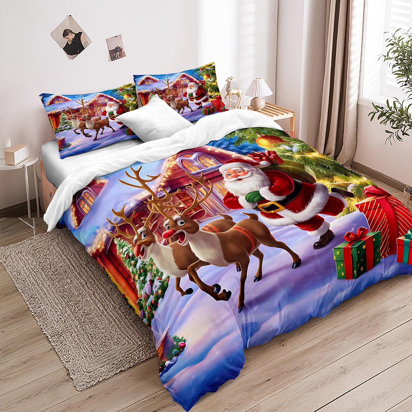 

Christmas Santa Duvet Cover Warm And Comfortable Bed Quilt Cover Set Suitable For Boys Girls Adults Queen Size Quilt Cover Set EU Single(135*200cm)3pcs