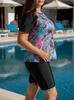 European & American Plus Size Two-Piece Swimsuit for Women - Sun Protection Vest & Printed Briefs with Red Leaves Design