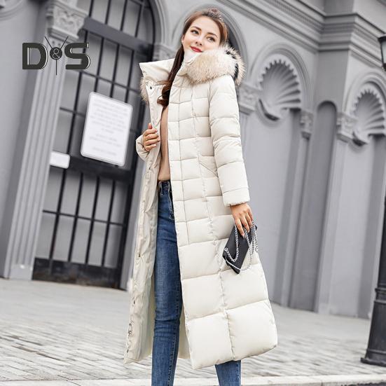 Winter Women Cotton Jacket Detachable Hood Neck Protection Long Sleeves Pockets Knee Length Zipper Closure Padded Coat Solid Color Windproof Outwear