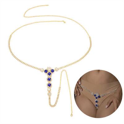 Chique Saffier Waterdruppel Tanga met Bloemendesign & Lichaamsketting