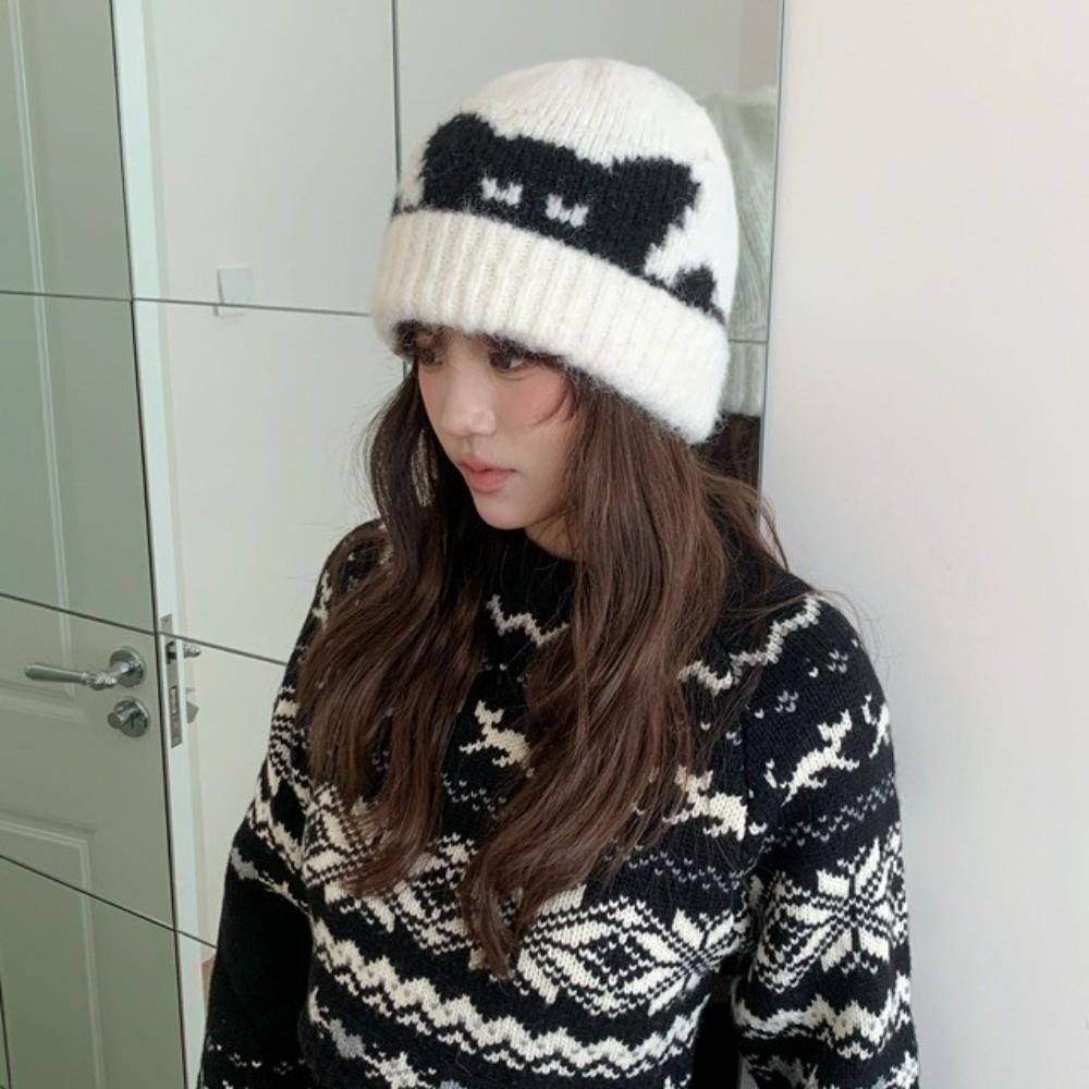 Cat Pattern Warm Knitted Beanie Hat Thick Warm Design Stretchy Beanie Hat  Casual Wear