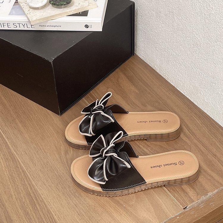 Sandals female summer soft sole flat heel fairy wind bow women's shoes beach travel vacation wear Internet celebrity soft leather sandals