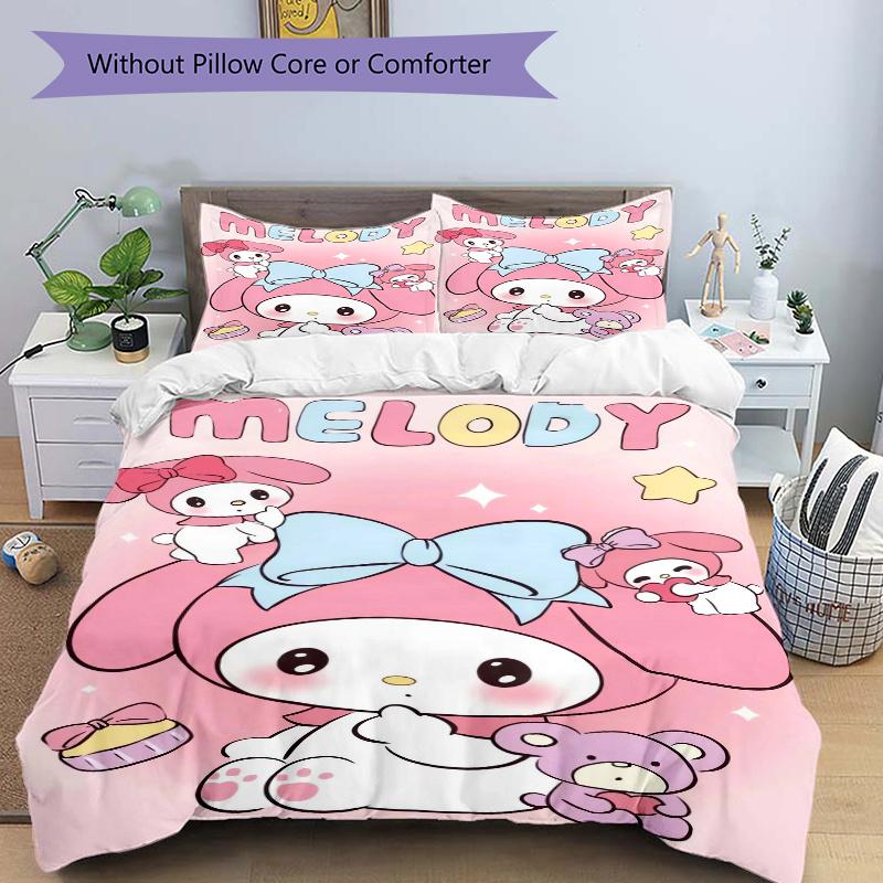 3pcs Pink Cute My Melody Sanrio Printed Bedding Set, Soft and Comfortable Quilt Cover for Bedroom, Guest Room (1 Duvet Cover + 2 Pillowcases