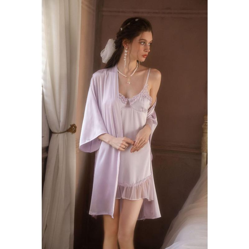 Spring and Summer New Women's Summer Loose Large Size Wedding Morning Robe Casual Single Nightgown Silk Bathrobe Robe