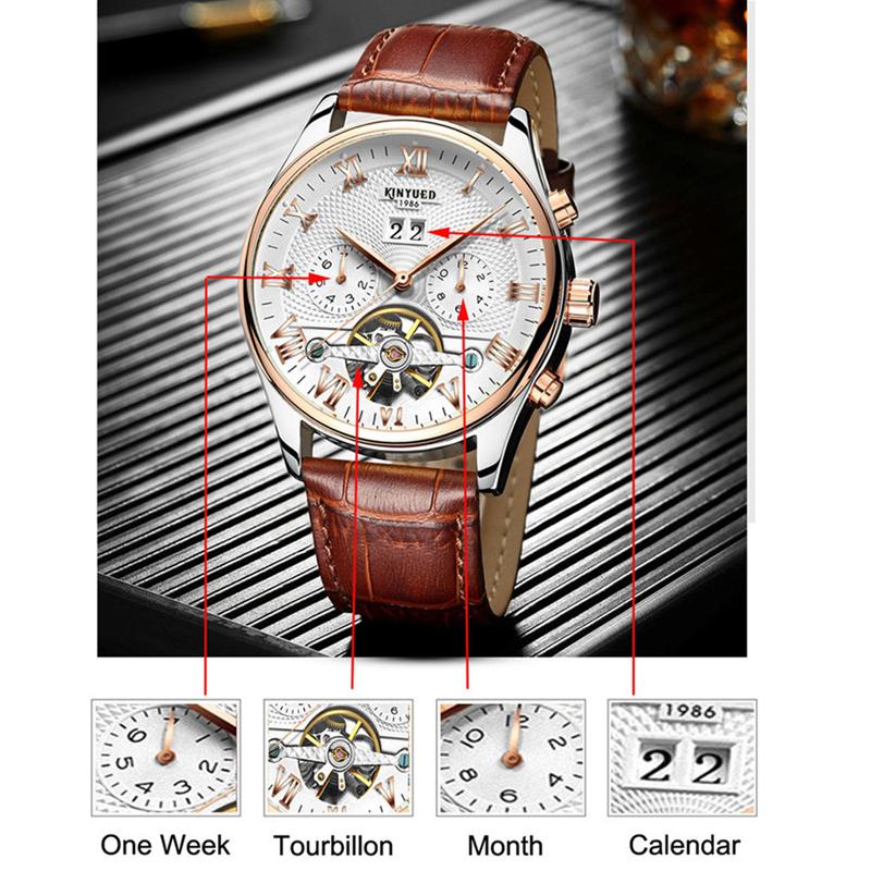 KINYUED Orologi da Uomo Tourbillon Moda Business Automatico Meccanico Uomo Casual Pelle Impermeabile Orologio Relogio Masculino