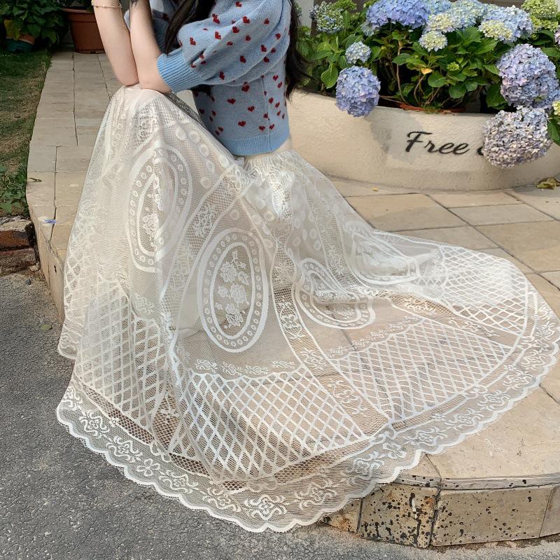 White Lace Hollow Out Cheongsam Petticoat - French Style Mid-Length Swing Skirt