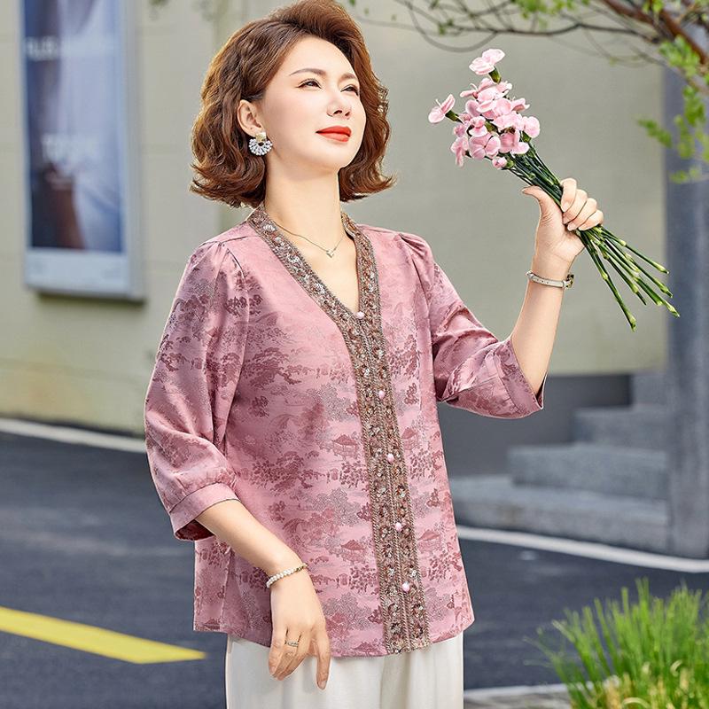 Stylish 2026 Summer Printed Seven-Sleeve Top for Middle-Aged & Elderly Women - Loose Fit, Belly-Covering