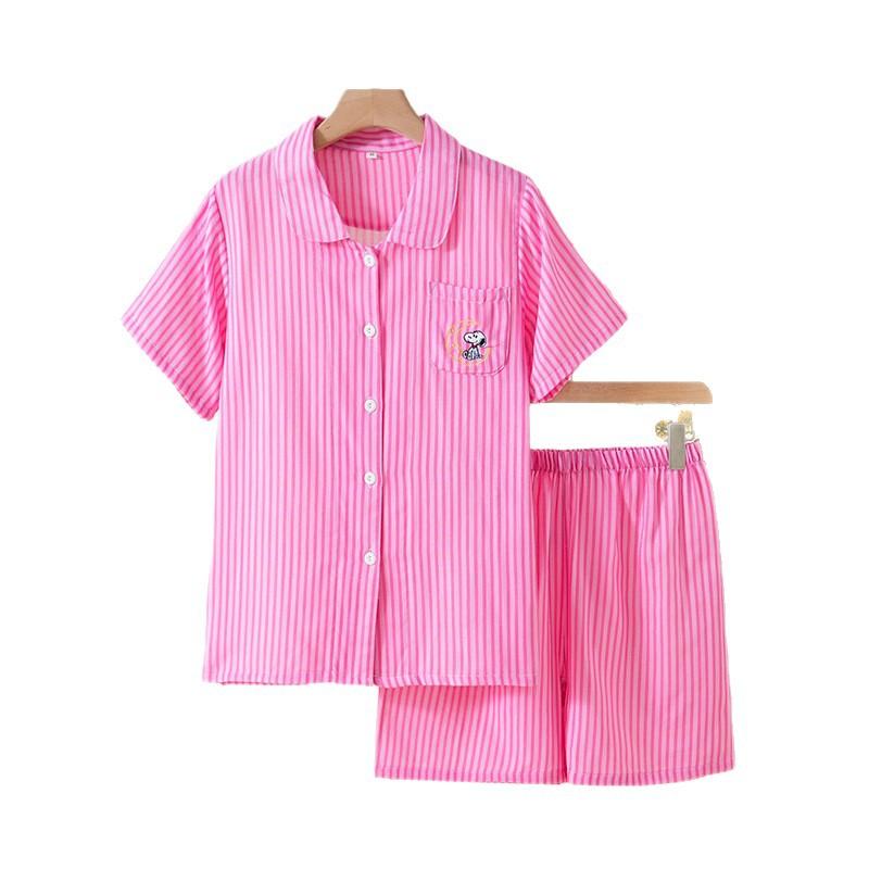 [Short] Summer pajamas women's new% cotton cartoon cardigan double-layer yarn loungewear set