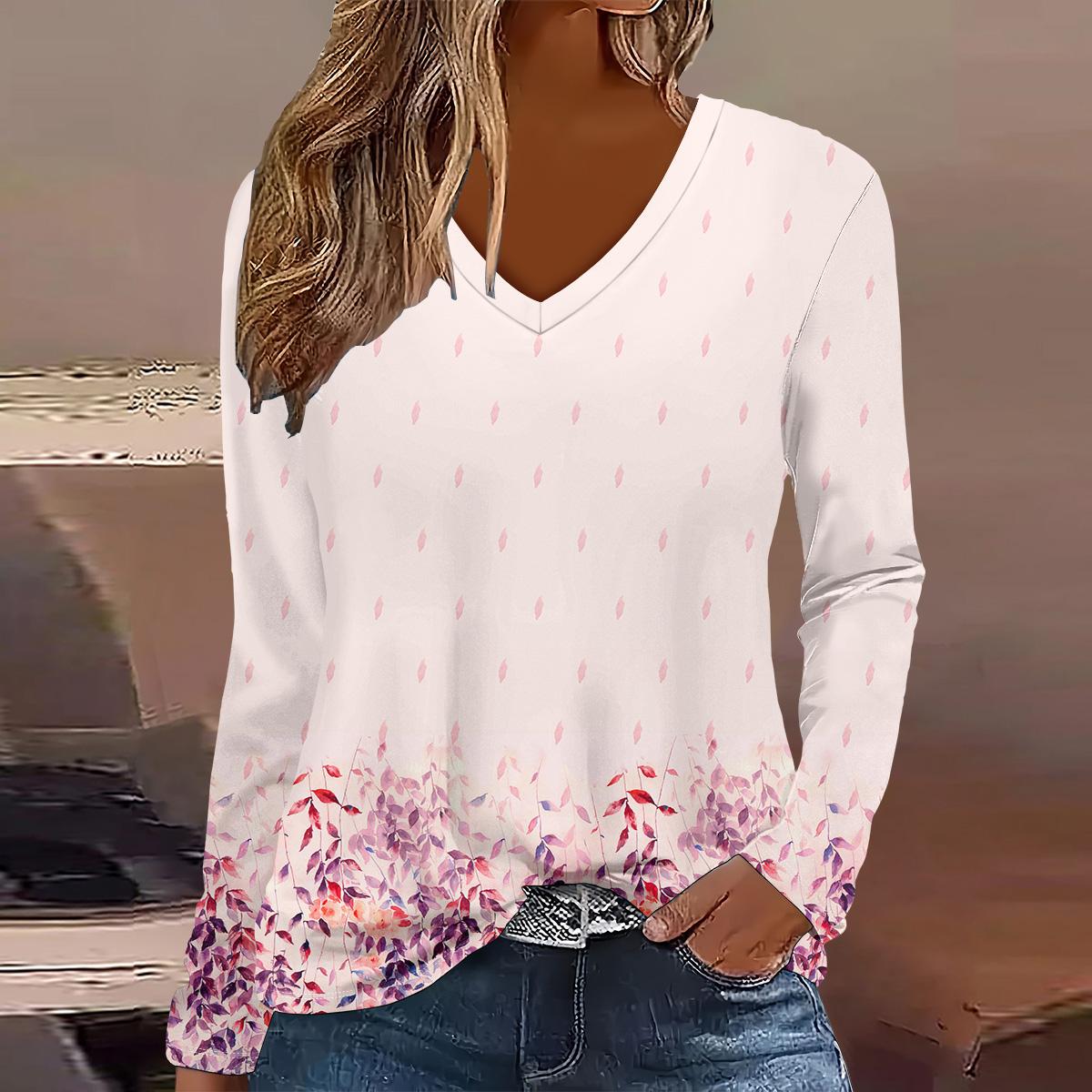 

Европейская и американская мода 2025 Женская элегантная футболка с V-образным вырезом и длинным рукавом S