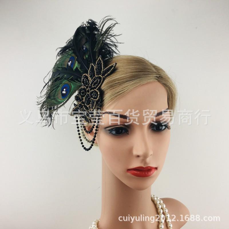 Halloween Peacock Feather Hair Clip With Rhinestones Tassel Headband Women Costume Party Wedding Photoshoot 1920s Flapper