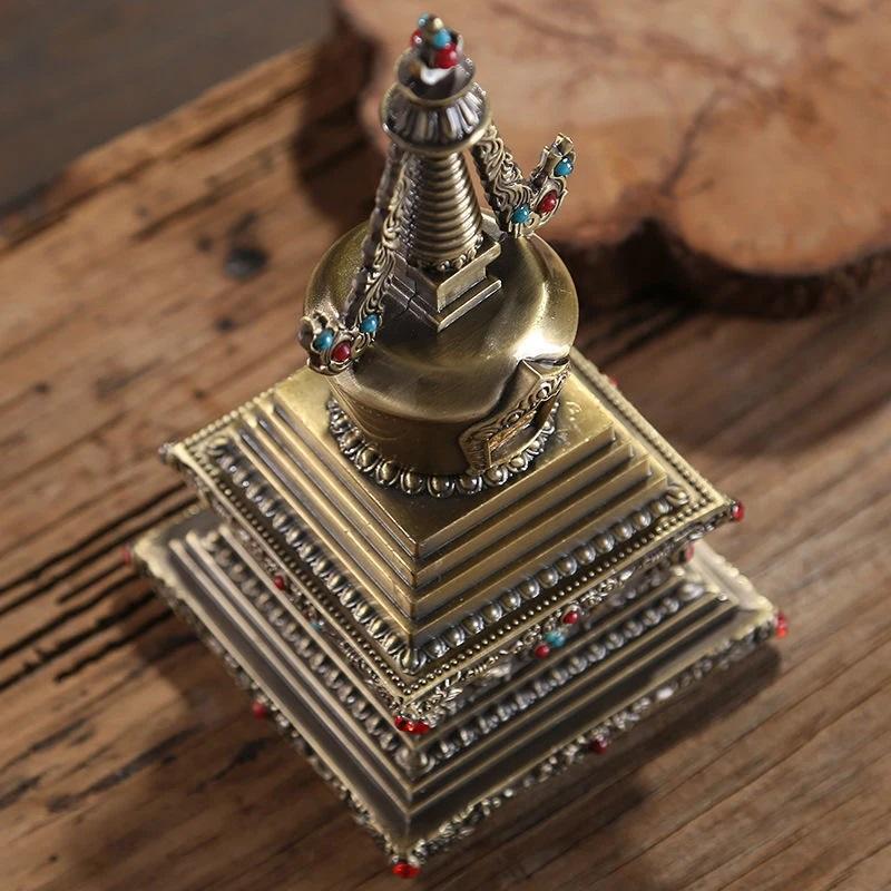 Bronze Tibetan Stupa Tantric Engraved Buddhist Statue Pearl Inlaid Gemstone Alloy Handicraft Altars Indoor Desktop Decorative