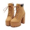 Women'S Chunky Heeled Short Boots Round Toe Lace Up High Heels Solid Color Waterproof Platform Motorcycle Boots For Women