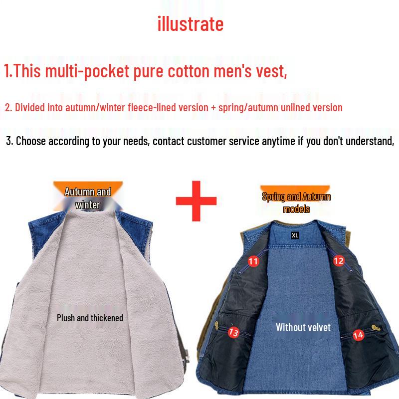 Herren-Jeans-Weste mit Baumwoll-Fleece-Futter - Große Größen, Warm, Mehrere Taschen, Herbst/Winter Freizeit-Weste