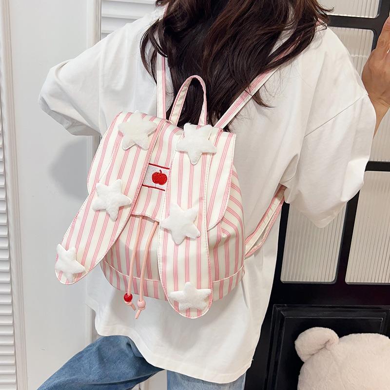 Rabbit Ears Striped Backpack Pink Backpack Stars Embroidered Bag Large Capacity Commuter Student Class School Bag Canvas