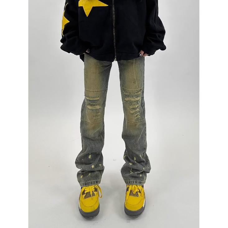 

Осень и зима Новые американские джинсы High Street Washed Light Color для мужчин и женщин Прямые слегка расклешенные свободные широкие брюки 3XL жёлтый