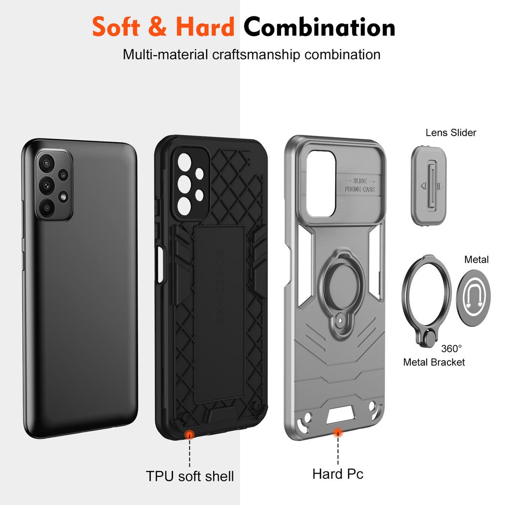 For Samsung Galaxy A23 4G/A23 5G (Global Version) Case PC+TPU Kickstand Lens Lid Phone Cover