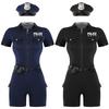 Dames Politibetjent Kostymesett Glidelås Kortermet Jumpsuit Belte Veske Hatt Tilbehør Rollespill Uniform